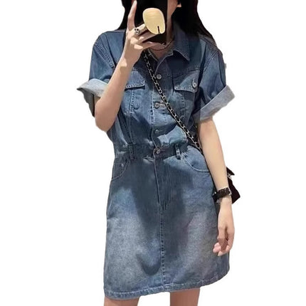 Summer Denim Skirt Women's Retro Hong Kong-style Light Color European-made Short Skirt Age-reducing Thin Korean-style Waisted dress