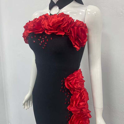 European and American Cross-Border New Fashion Halter Neck Flower Diamond Elegant Elegant Lady Bandage Women's Dress Evening Dress
