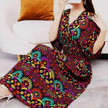 Cross-border ethnic style V-neck cotton silk short-sleeved beach skirt Thailand travel dress summer printed holiday floral skirt