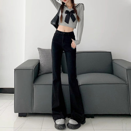 Vintage Blue High Waist Burr-Edge Micro-Lar Jeans Women's Trendy All-Match New Slim-Fit Slimming Trumpet Long Pants
