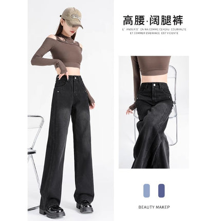Black Grey Narrow Straight Jeans Women's Autumn Fashion All-match New High Waist Slimming Wide Leg Casual Long Pants