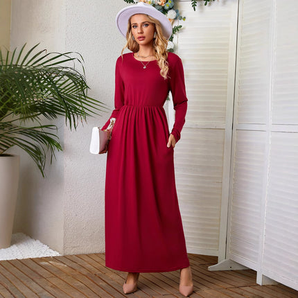 2023 autumn and winter New Amazon cross-border supply round neck long sleeve solid color casual pocket dress mop dress