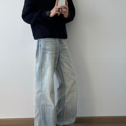 RDT Men's Wear | cleanfit Washed Old Vintage Ice Blue Cream Falling Cat Must Scratch Slight Jeans Men