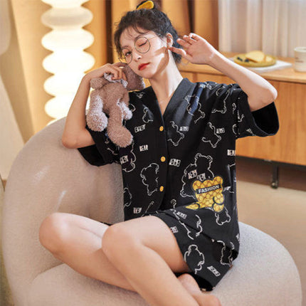 High-end Pajamas Women's Summer Short-sleeved Kimono Cardigan Large Size Student Cartoon Bear Outwear Women's Home Clothes