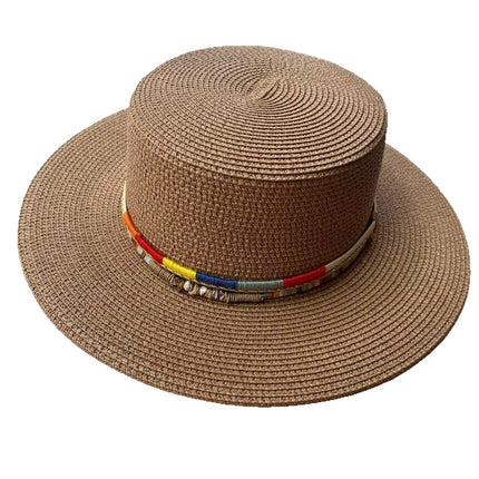 Bohemian Cowboy Style Flat-Top Straw Hat for Women's Summer Travel and Vacation Sun Protection Hat for Shopping and Versatile Flat-Brimmed Hat