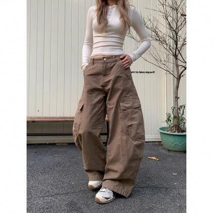 2025 New American Retro Style Large Pocket Coffee-Colored Work Casual Pants Loose Fit Versatile Silhouette Long Pants