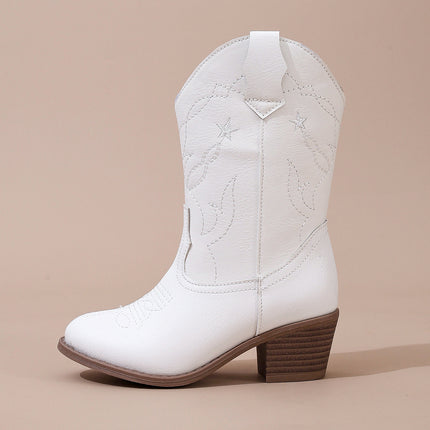 White Embroidered Random Irregular Chunky Heel Round Toe Pedal Elegant Knight Boots New All-Match Fashion Girl Boots