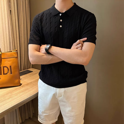 2025 Summer Polo Collar Cable Texture Simple and Versatile Elegant Short-Sleeved Knitwear Korean Style Casual Top