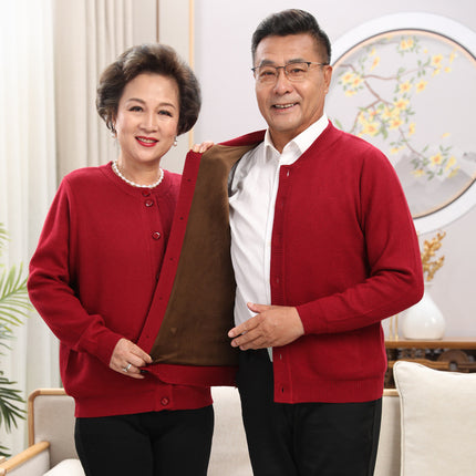 Autumn and Winter Thickened Middle-aged and Elderly Sweater Wool Pure Face Solid Color Jacket Cardigan Elderly Couple Dress Red Festive Parents