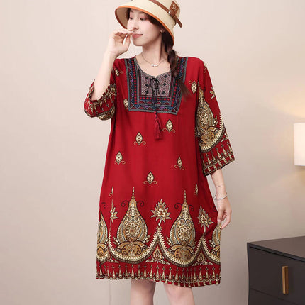 Extra Large Size Ethnic Style Round Neck Three-Quarter Sleeve Dress Loose Embroidered Flower Cotton Silk Travel Beach Skirt for Women