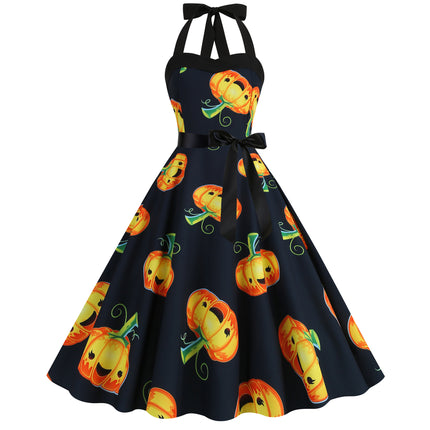 Factory direct supply 2024 Halloween new Hepburn style high waist slim hanging neck large swing long retro dress