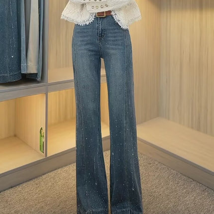 Plus Size Retro Rhinestone Stretch Jeans for Women Spring Summer High Waist Slimming Non-Stick Leg Bootcut Flared Pants