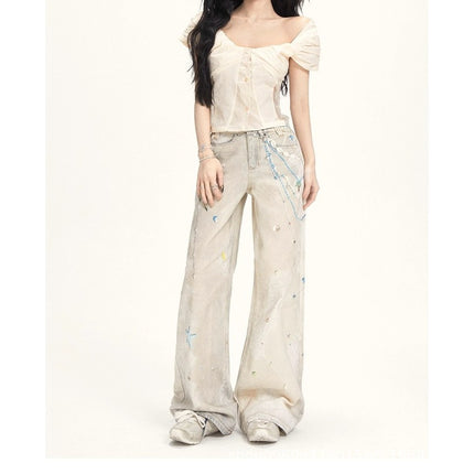 2025 Pearl Lace Cold Transfer Printed Jeans Versatile Holiday Style Straight Pants Trousers