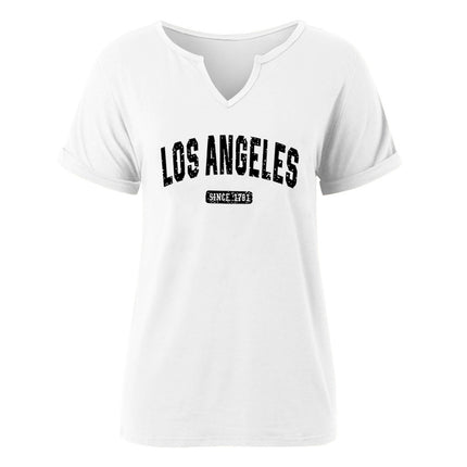 Amazon Spring and Summer New Product V-Neck Rolled Sleeves Los Angeles Letter Positioning Printed Pullover Short Sleeves