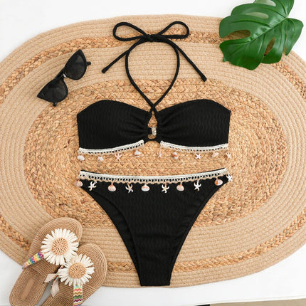 Cross-Border European and American New Bikini Shell Pendant Sexy Strap Halterneck Pure Color Swimsuit Swimsuit Women's Bikini