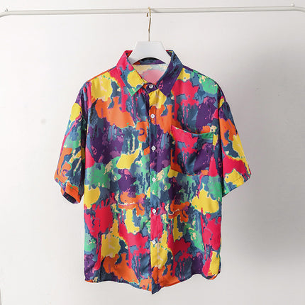 Summer Short-Sleeved Shirt for Men Ins Retro Funny Human Head Personalized Print Trendy Brand Korean Style Loose Shirt Trendy Top