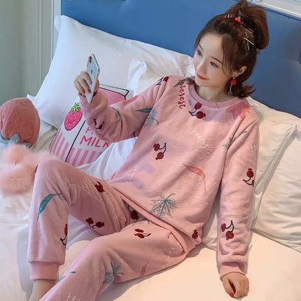 2024 New Autumn and Winter Coral Velvet Cartoon Stripesd Women's Pajamas Thickeneded and Wearable Home Wear Set