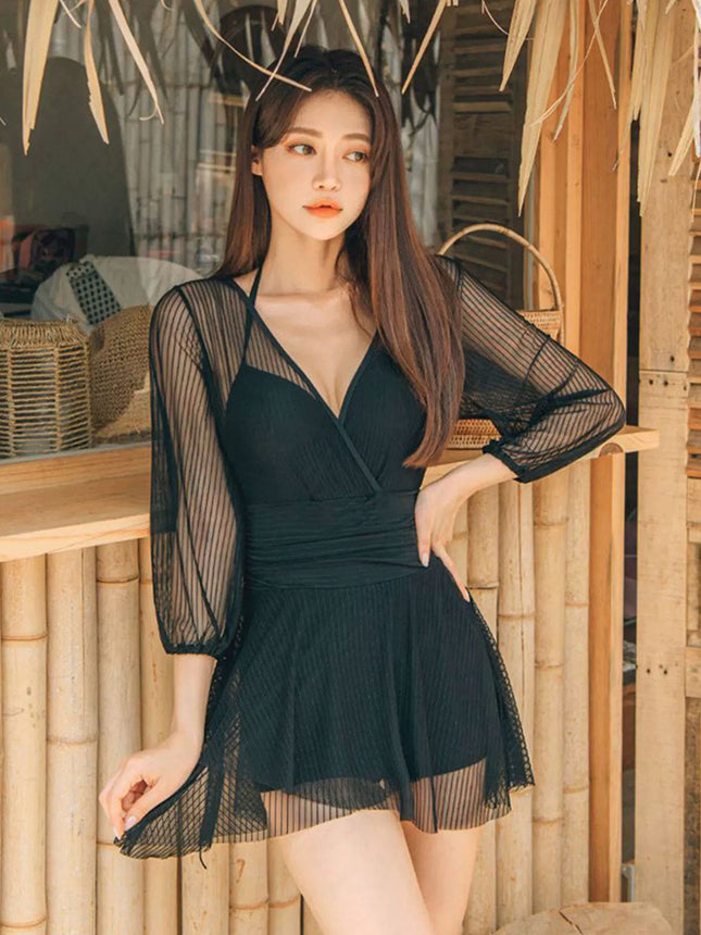 Long-Sleeved Swimsuit for Women 2025 New Sexy Small Breast Push-Up Conservative Belly-Covering Slimming Look Korean Hot Spring One-Piece Swimsuit