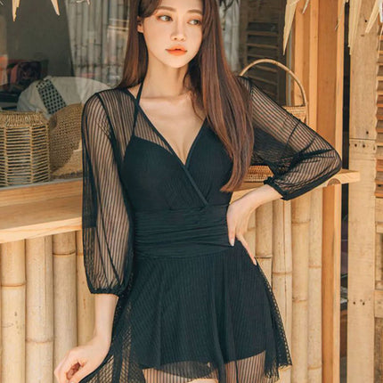 Long-Sleeved Swimsuit for Women 2025 New Sexy Small Breast Push-Up Conservative Belly-Covering Slimming Look Korean Hot Spring One-Piece Swimsuit