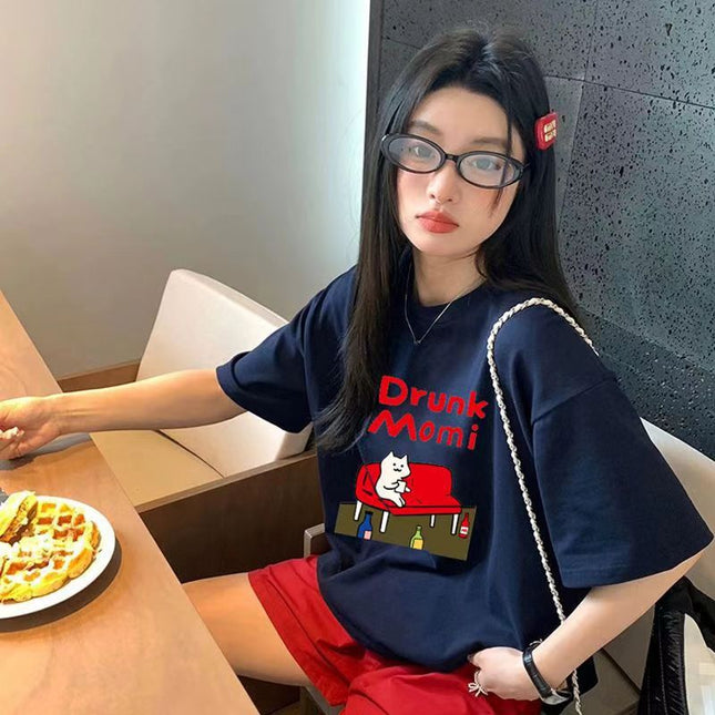 Cat Print Short-Sleeved Women's Hong Kong Style T-Shirt Casual Loose Fashion Ice Silk Cool Lazy Style Top Casual and Versatile