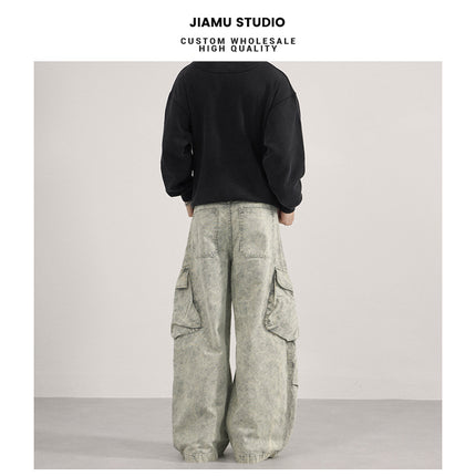 Jiamu Multi-Pocket Pleated American Baggy Silhouette Scimitar Casual Pants for Men and Women Loose Wide-Leg Unisex Cargo Pants