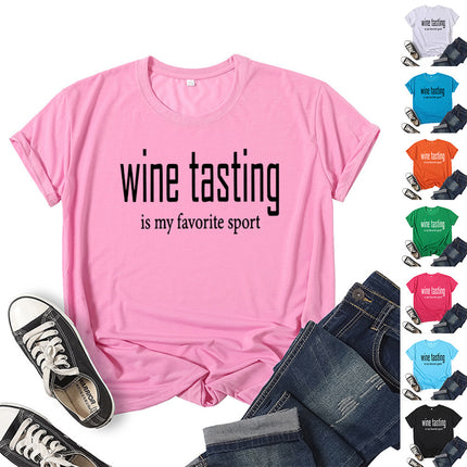 in stock foreign trade cross-border WINE TASTING wine printed short sleeve round neck T-shirt European and American men's and women's top loose