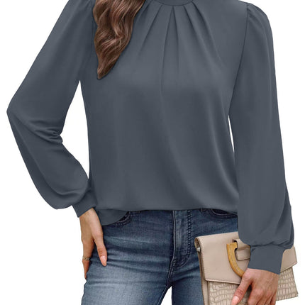 European and American Amazon Cross-Border Autumn and Winter New Long-Sleeved Shirt Small Stand-Up Collar Pleated Front Shirt Casual T-Shirt Top for Women