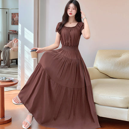Cross-border cotton silk clear color off-shoulder dress Southeast Asian elastic waist beach skirt Bohemian long skirt