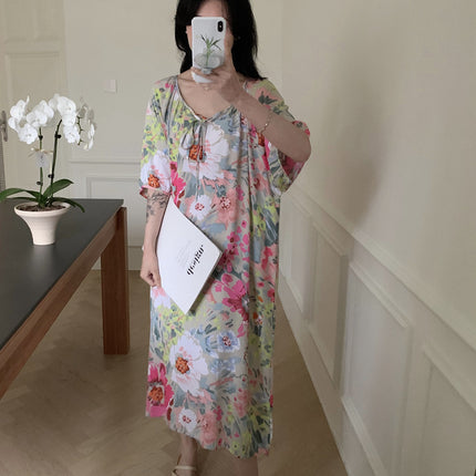 2026 New Cotton Silk Nightgown for Women, High-End Printed Short-Sleeved Long Dress, Large Size, Thin Style, Can Be Worn Outside as Loungewear