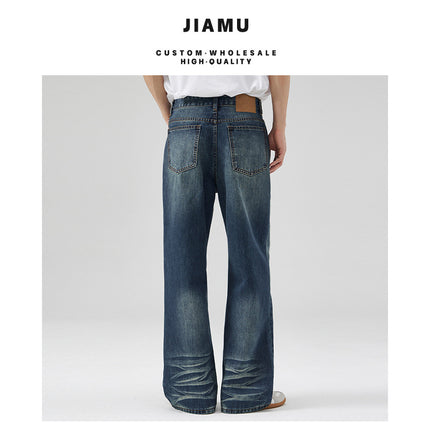 Jiamu American High Street Retro Baggy Jeans Unisex Water Ripple Pleated Jeans for Men and Women Straight Leg Slightly Flared