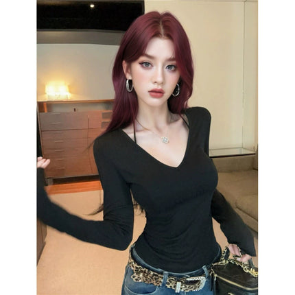 Cross-border foreign trade perspective backless hollow lace v-neck long sleeve slim T-shirt women's top spring pure sexy hot girl