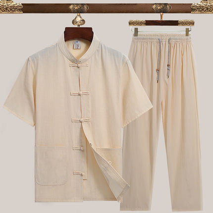 Tang Suit for Men, Summer Outfit for Middle-Aged and Elderly Men, Grandpa's Cotton and Linen Chinese Style Short-Sleeve Set, New Chinese Style