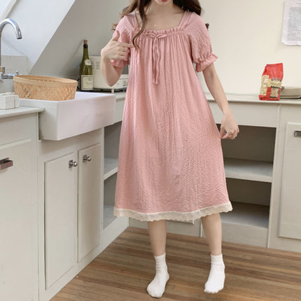 2024 Summer New Style Pajamas with Chest Pad Women's Bubble Cotton Short-Sleeved Nightgown Home Wear Sweet and Cute Outer Wear