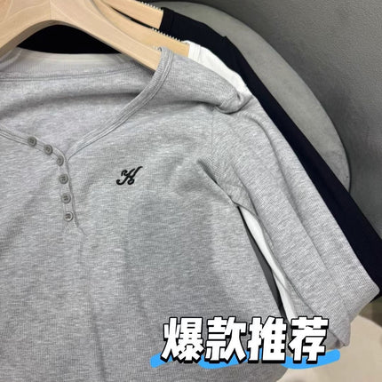 Autumn and Winter New Large Size V Neck Half-Breasted Long-Sleeved Bottoming Shirt for Women Brushed Loose and Comfortable Embroidered Tops for Women Wholesale
