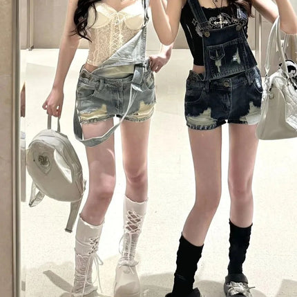 Hot Girl Retro Versatile Washed Denim Overalls Shorts Women's Summer American Design Ripped Jumpsuit Hot Pants