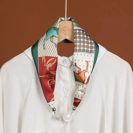 2026 New Magnetic Buckle Small Silk Scarf with Geometric Patterns and Rhinestones, Magnetic Necklace Scarf, Women's Hairband Scarf