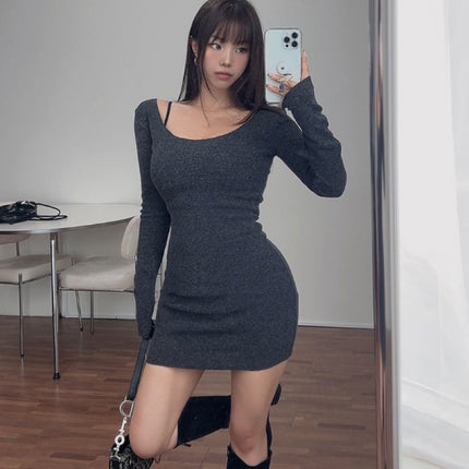 South Korea Dongdaemun Spring Summer New Winter Exquisite Curved Sexy Figure Shock Clavicle Knitted dress hc