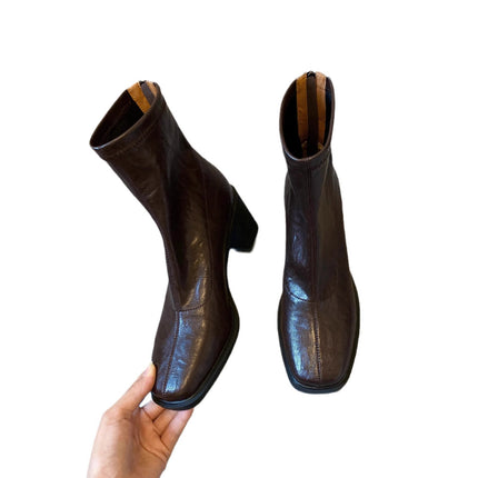 Silent Thick-Heeled Goatskin Short Boots for Women with Back Zipper Commuter High-Heeled Elastic Slim Boots Autumn and Winter Fleece-Lined Soft-Soled Short Boots