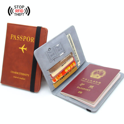 Rfid Anti-Magnetic Passport Holder Amazon Passport Book English Foil Stamping Ticket Holder Multi-Card Slot Elastic Band Passport Cover Leather