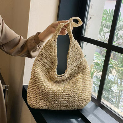 New All-match Straw Woven Bag Women's Large Capacity Beach Bag Single Handlebar Bag Commuter Women's Shoulder Bag Handmade Woven Bag