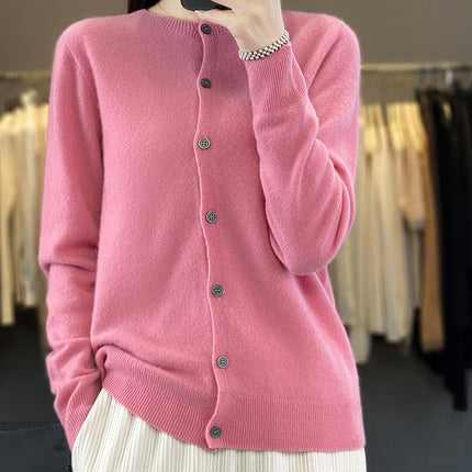 Factory wholesale autumn and winter new 100% wool round neck knitted cardigan women slim fit knitted coat sweater Joker