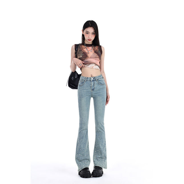 Trendy Heavy-Duty Rhinestone Fashion Flared Jeans for Women, 2026 Spring New Slim-Fit Floor-Length Bell-Bottom Pants