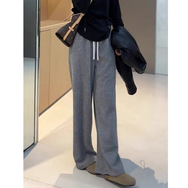 Gray Casual Towel Pants 2025 New Autumn and Winter Women's Velvet Thickeneded Drawstring Lazy and Relaxed Loose Wide-Leg Pants
