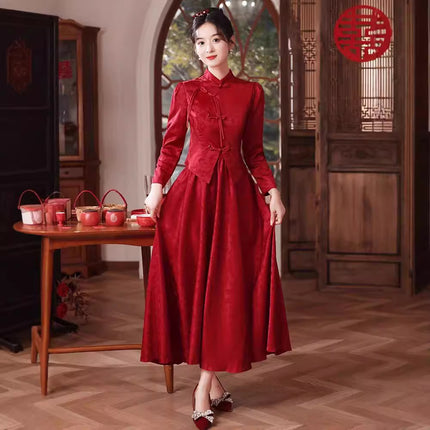 Chinese Style Toasting Dress New Style Bride's Vertical Collar Long Sleeve Slimming Back Door Dress Red Engagement Dress Women's Cheongsam Xiuhe Dress