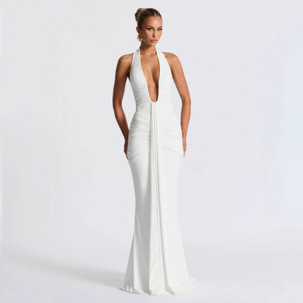 Celebrity Style Cross-Border New Long Dress Solid Color Halterneck Hollow Ribbon Lace-Up Light Luxury High-End Sexy Dress