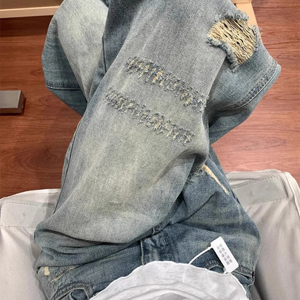 American Style Ripped Jeans for Women, Summer New Large Size, High-Waisted, Pear-Shaped Figure, Slimming, Loose Wide-Leg Pants