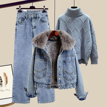 Autumn and Winter Suits for Women 2025 New Style Velvet Thickeneded Denim Jacket Slimming Look Jeans Three-Piece Street Set