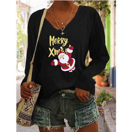 2023 European and American Amazon independent station wish autumn and winter new hot selling women's printed V-neck long sleeve loose T-shirt for women