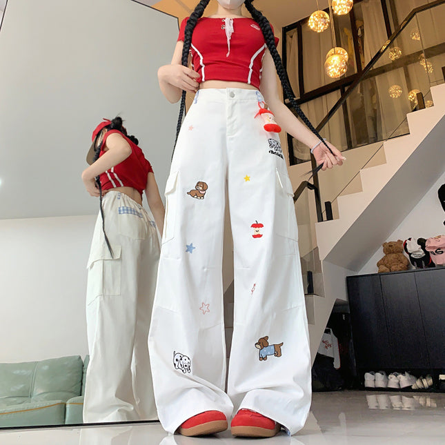 Real Shot Cartoon Embroidered Apple Dachshund Jeans for Women, New Versatile Design Wide-Leg Straight Floor-Length Pants
