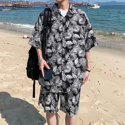 Cross-border 2023 Summer Beach Youth Color Printed Shirt Set Men's Multi-color Loose Shorts Shirt Set